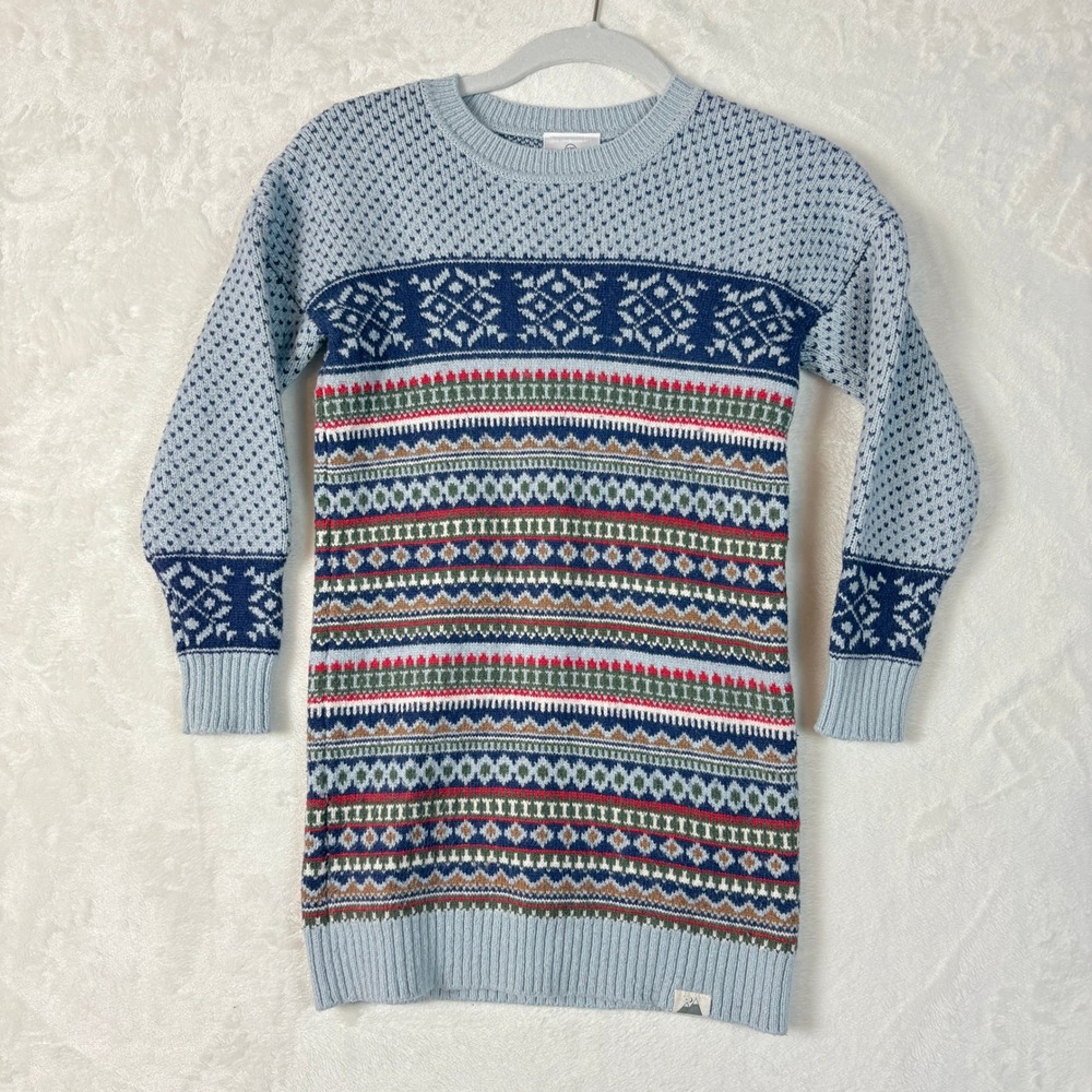 Hanna Andersson Sweater Dress Kids 120 Blue Excellent Fair Isle Nordic Knit